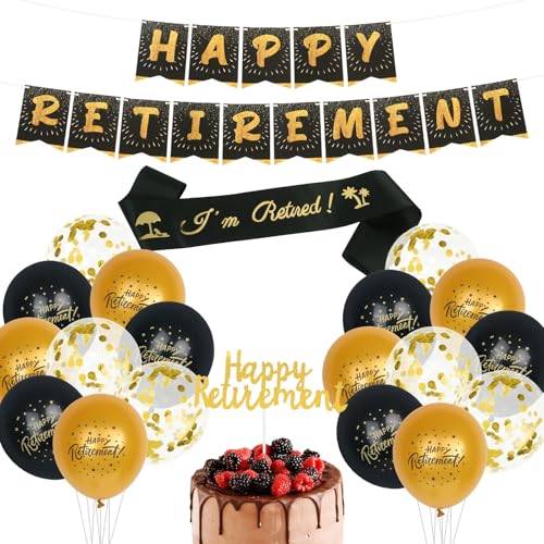 Partydekorationen für den Ruhestand, Schwarz Gold Ruhestand Banner Luftballons und Ruhestand Schärpe Dekorationen mit Happy Retirement Cake Topper für Männer Frauen Ruhestand Party Supplies Partydekorationen für den Ruhestand, Schwarz Gold Ruhestand Banner Luftballons und Ruhestand Schärpe Dekorationen mit Happy Retirement Cake Topper für Männer Frauen Ruhestand Party Supplies von Creaher