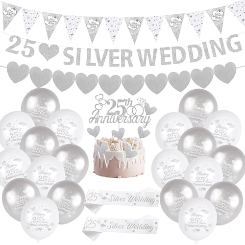 Silberhochzeit Dekorationen 25 Silber Hochzeit Banner Wimpelkette Happy 25th Anniversary Luftballons CakeToppe Satin Schärpe für 25 Silber Paar Party Silberhochzeit Dekorationen 25 Silber Hochzeit Banner Wimpelkette Happy 25th Anniversary Luftballons CakeToppe Satin Schärpe für 25 Silber Paar Party von Creaher