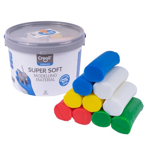 Creall Supersoft Knetmasse Sortiment, Rot, Grün, Blau, Gelb, Weiß, 1750g Eimer | Superweiche, dauerhafte Modelliermasse | Auf Wachsbasis, trocknet nicht aus | Für Kinder & Erwachsene | Made in Holland von Creall
