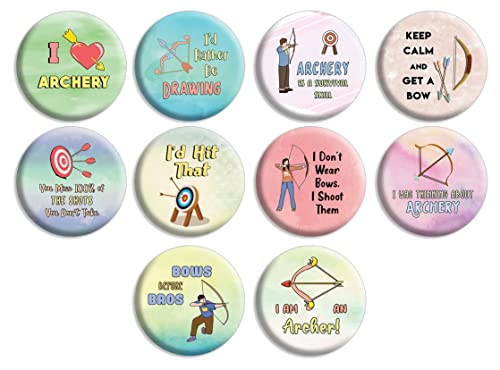 Creanoso Bogenschießen-Ansteckknöpfe (1 x 10 Designs) – lustige Belohnungsanreize für Schüler und Kinder – Strumpffüller, Partygeschenke und Giveaways für Jungen, Mädchen, Kinder, Teenager von Creanoso