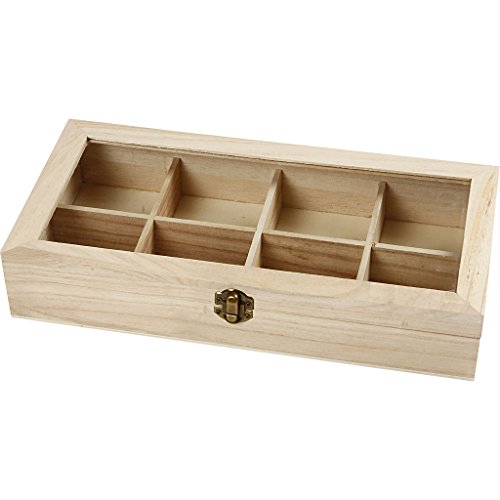 Teekiste, Sortierbox, Holzbox mit 8 Fächern und Glasdeckel, Holz unbehandelt von Creativ