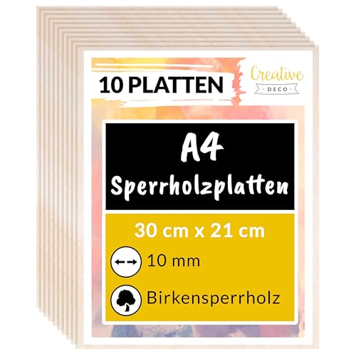 Creative Deco 10 x A4 Sperrholzplatte 10mm | 300 x 210 (+/- 2) mm | Birkensperrholz Dünne holz-Zuschnitte | Perfektes Blatt für Laubsäge, Brandmalerei, Laserschnitt, CNC Router, Durchbrochenes von Creative Deco