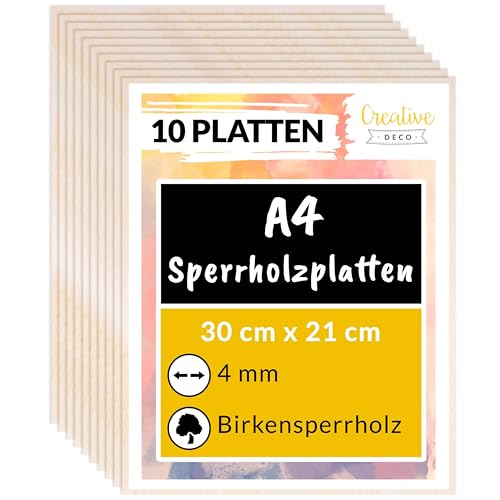 Creative Deco 10 x A4 Sperrholzplatte 4mm | 300 x 210 (+/- 2) mm | Birkensperrholz Dünne holz-Zuschnitte | Perfektes Blatt für Laubsäge, Brandmalerei, Laserschnitt, CNC Router, Durchbrochenes von Creative Deco