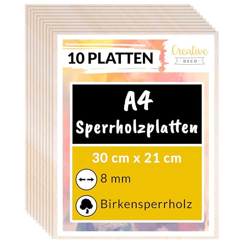 Creative Deco 10 x A4 Sperrholzplatte 8mm Birkensperrholz | 300 x 210 (+/- 2) mm | Dünne Holz-Zuschnitte | Perfektes Blatt für Laubsäge, Brandmalerei, Laserschnitt, CNC Router, Durchbrochenes von Creative Deco
