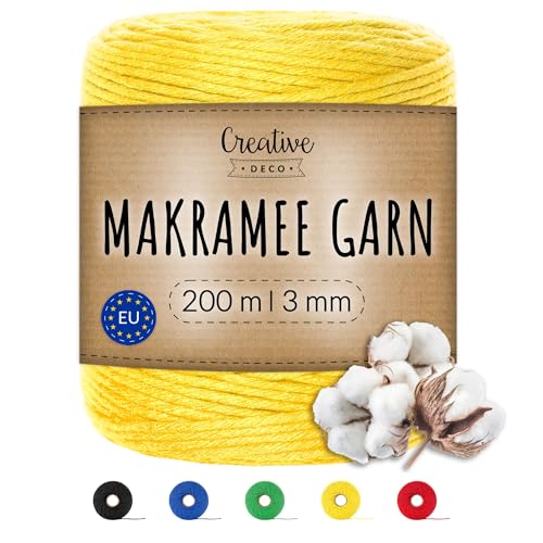 Creative Deco 100m Gelb Makramee-Garn Baumwoll-Kordel Baumwoll-Schnur | 328 Fuß | 2-3 mm Dicke 15-lagig Schnur | Große Rolle Naturliche Starke | Perfekt für Basteln, DIY, Handwerk & Stricken von Creative Deco