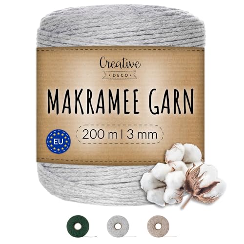 Creative Deco 200m Hell-Grau Makramee Garn 3mm | 656 Fuß | 15-lagig Schnur | Baumwollgarn Baumwoll Kordel Große Rolle Naturliche Stark | Macrame Cord 3mm für Basteln, DIY, Handwerk & Boho Deko von Creative Deco