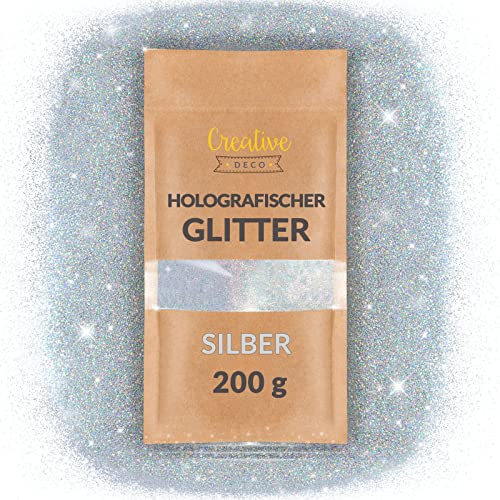 Creative Deco 200g Silber Holographischer Glitzerpulver für Wandfarbe | 0,2mm Glitzer-Pulver Glitzer Wand | Farbzusätze Nagel-Lack & Epoxid-Harz Zusatz | Für Kunst Handwerk Schleim & DIY von Creative Deco