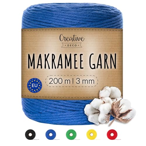 Creative Deco 200m Blau Makramee Garn 3mm | 656 Fuß | 15-lagig Schnur | Baumwollgarn Baumwoll Kordel Große Rolle Naturliche Stark | Macrame Cord 3mm für Basteln, DIY, Handwerk & Boho Deko von Creative Deco