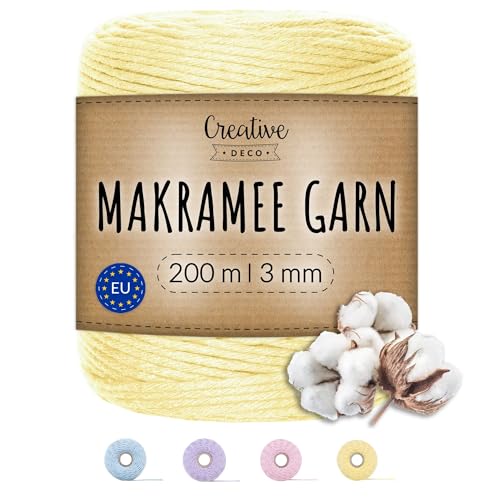 Creative Deco 200m Pastel Gelb Makramee Garn Baumwoll Polyester | 656 Fuß | 2-3 mm Dicke | Baumwollkordel Baumwollschnur Baumwollgarn Kordel Baumwolle Cord Große Seil Rolle Starke | Handwerk Stricken von Creative Deco