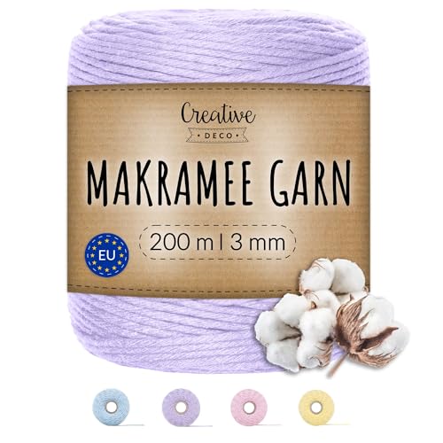 Creative Deco 200m Pastel Lila Makramee Garn Baumwoll Polyester | 656 Fuß | 2-3 mm Dicke | Baumwollkordel Baumwollschnur Baumwollgarn Kordel Baumwolle Cord Große Seil Rolle Starke | für Basteln DIY von Creative Deco