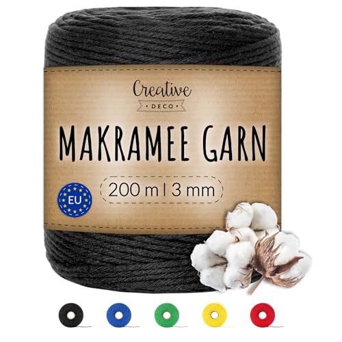 Creative Deco 200m Schwarz Makramee Garn 3mm | 656 Fuß | 15-lagig Schnur | Baumwollgarn Baumwoll Kordel Große Rolle Naturliche Stark | Macrame Cord 3mm für Basteln, DIY, Handwerk & Boho Deko von Creative Deco