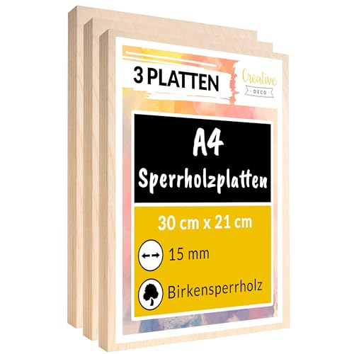 Creative Deco 3 x A4 Sperrholzplatte 15mm | 300 x 210 (+/- 2) mm | Birkensperrholz Dünne Holz-Zuschnitte | Perfektes Blatt für Laubsäge, Brandmalerei, Laserschnitt, CNC Router von Creative Deco