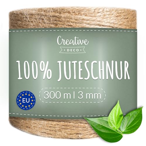 Creative Deco 300m Juteschnur Natur Braun | 985 Fuß | 2-3 mm Dicke 3-Lagig | Jutekordel Jutegarn Hanfschnur Juteband Paketband Stark | Jute Schnur Kordel Seil Für Dekoration, DIY Handwerk, Verpackung von Creative Deco