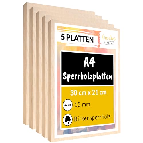 Creative Deco 5 x A4 Sperrholzplatte 15mm | 300 x 210 (+/- 2) mm | Birkensperrholz Dünne Holz-Zuschnitte | Perfektes Blatt für Laubsäge, Brandmalerei, Laserschnitt, CNC Router von Creative Deco