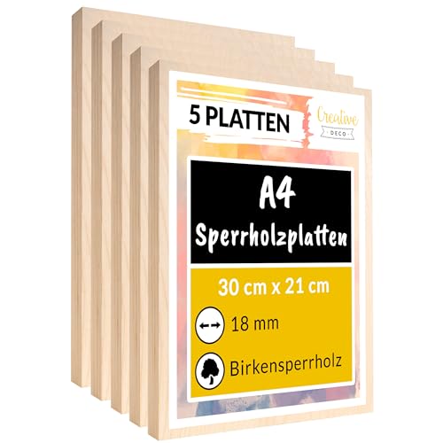 Creative Deco 5 x A4 Sperrholzplatte 18mm | 300 x 210 (+/- 2) mm | Birkensperrholz Dünne Holz-Zuschnitte | Perfektes Blatt für Laubsäge, Brandmalerei, Laserschnitt, CNC Router von Creative Deco
