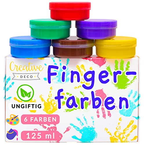 Creative Deco Fingerfarben Kinder Ungiftig | 6 x 125 ml Becher | Intensive Farben | Set für Kleinkinder | Sicher & Ungiftig | Wasserbasiert | Bastel-farbe Plakat-farbe Schulmalfarben Fingermalfarben von Creative Deco