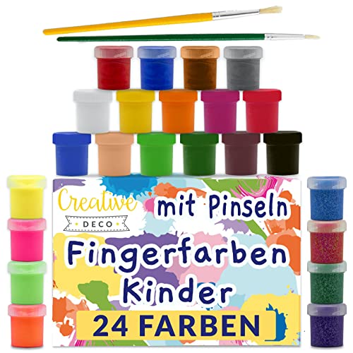 Creative Deco Fingerfarben Kinder Ungiftig Bastel-Farbe Plakat-farbe Set | 20 ml x 24 Mehrfarbige Becher | Grund, Leuchtstoff, Glitzer, Metallic & Neonfarben | Schulmalfarben für Studenten Künstler von Creative Deco
