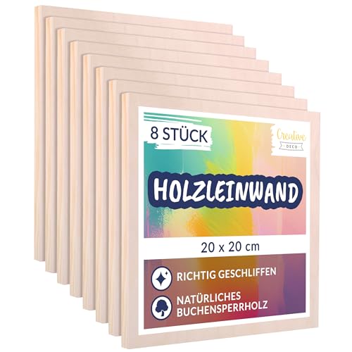 Creative Deco Holz Leinwand zum Bemalen 20 x 20 cm 8er Pack | Set von Holz-Malgründe | 1,7 cm Dicke | Malplatte für Profis und Hobby-Maler | Malunterlagen für Kunstprojekte, Dekoration, Gemälde von Creative Deco