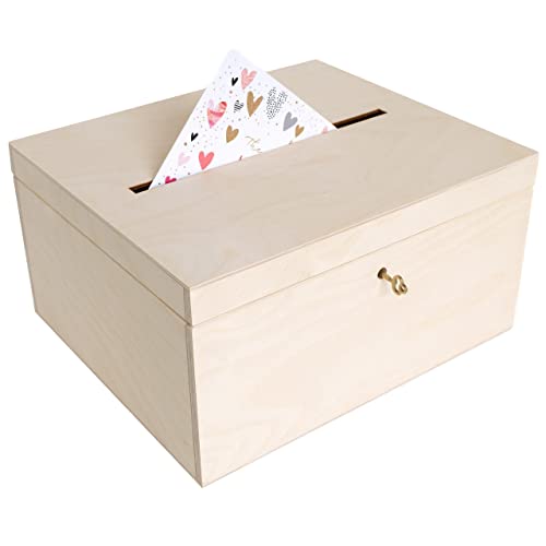 Creative Deco Kartenbox Hochzeit Holzkiste mit Deckel | 29 x 25 x 15 cm | Geldgeschenke Holzbox mit Schlitz, Schloss und Schlüssel Geschenkkarten Box Geldbox Briefbox Kasten | Lagerung Spendenbox von Creative Deco