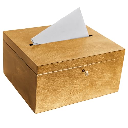 Creative Deco Holzkiste mit Deckel Nussbaum Hell Kartenbox Hochzeit | 29x25x15 cm | Geldgeschenke Holzbox mit Schlitz, Schloss, Schlüssel Geschenkkarten Box Geldbox Briefbox Kasten | Lagerung von Creative Deco