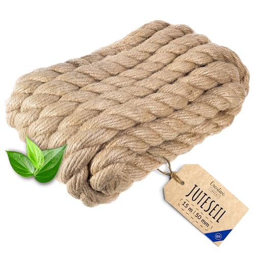 Creative Deco Juteseil Juteschnur | 15m Lang (Personalisierung alle 5m möglich) | 50mm Dickes Seil | Jute Hanfseil Tau Schnur | Gedreht Garn Kordel Naturfaser | Braunes Deko Seil Handlauf DIY Garten von Creative Deco