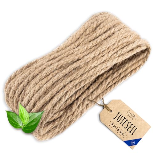 Creative Deco Juteseil Juteschnur | 5m Lang (Personalisierung alle 5m möglich) | 6mm Dickes Seil | Jute Hanfseil Tau Schnur | Gedreht Garn Kordel Naturfaser | Braunes Deko Seil Handlauf DIY Garten von Creative Deco