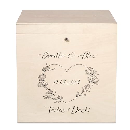 Creative Deco Kartenbox Hochzeit Personalisiert Holzkiste mit Deckel | 29 x 25 x 30 cm | Hochzeitsgeschenke für Brautpaar Geldbox Wunschtext Taubenpaar Geldgeschenke Holzbox mit Schlitz Geschenkkarten von Creative Deco