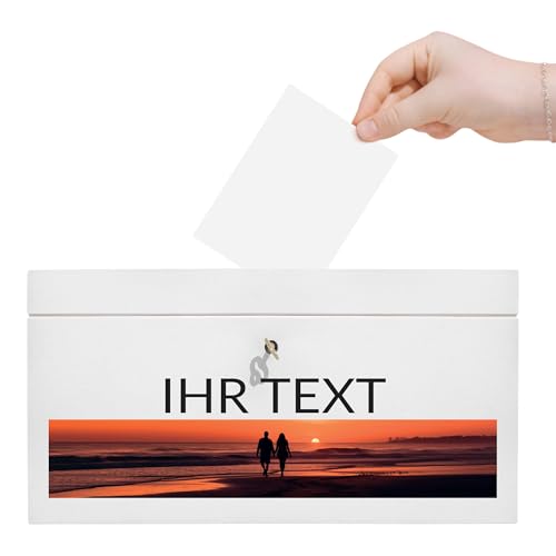 Creative Deco Kartenbox Hochzeit Personalisiert Holzkiste mit Deckel Weiß | 29 x 25 x 15 cm (+/- 0,5 cm) | Geldbox mit Wunschtext + Foto | Geldgeschenke Box Holzbox mit Schlitz Geschenkkarten Geldbox von Creative Deco