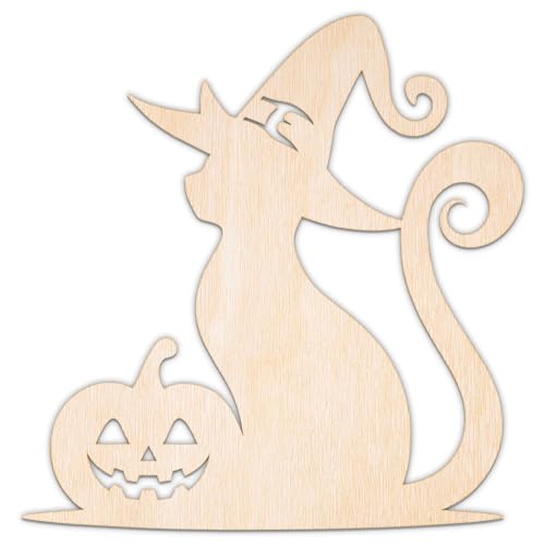 Creative Deco Personalisierte Holzscheiben Anhänger Halloween Deko Sperrholz 3mm | Katze mit Kürbis | 5-100 cm | Lasergeschnittene Sperrholzausschnitte für Decoupage, zum Bemalen, Basteln von Creative Deco
