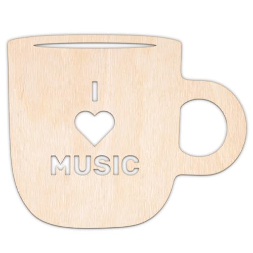 Creative Deco Personalisierte Holzscheiben Anhänger Sperrholz 3mm | Becher I love music | 5-100 cm | Holz Wanddeko Kinderzimmer | Lasergeschnittene Sperrholzausschnitte für Decoupage, zum Bemalen von Creative Deco