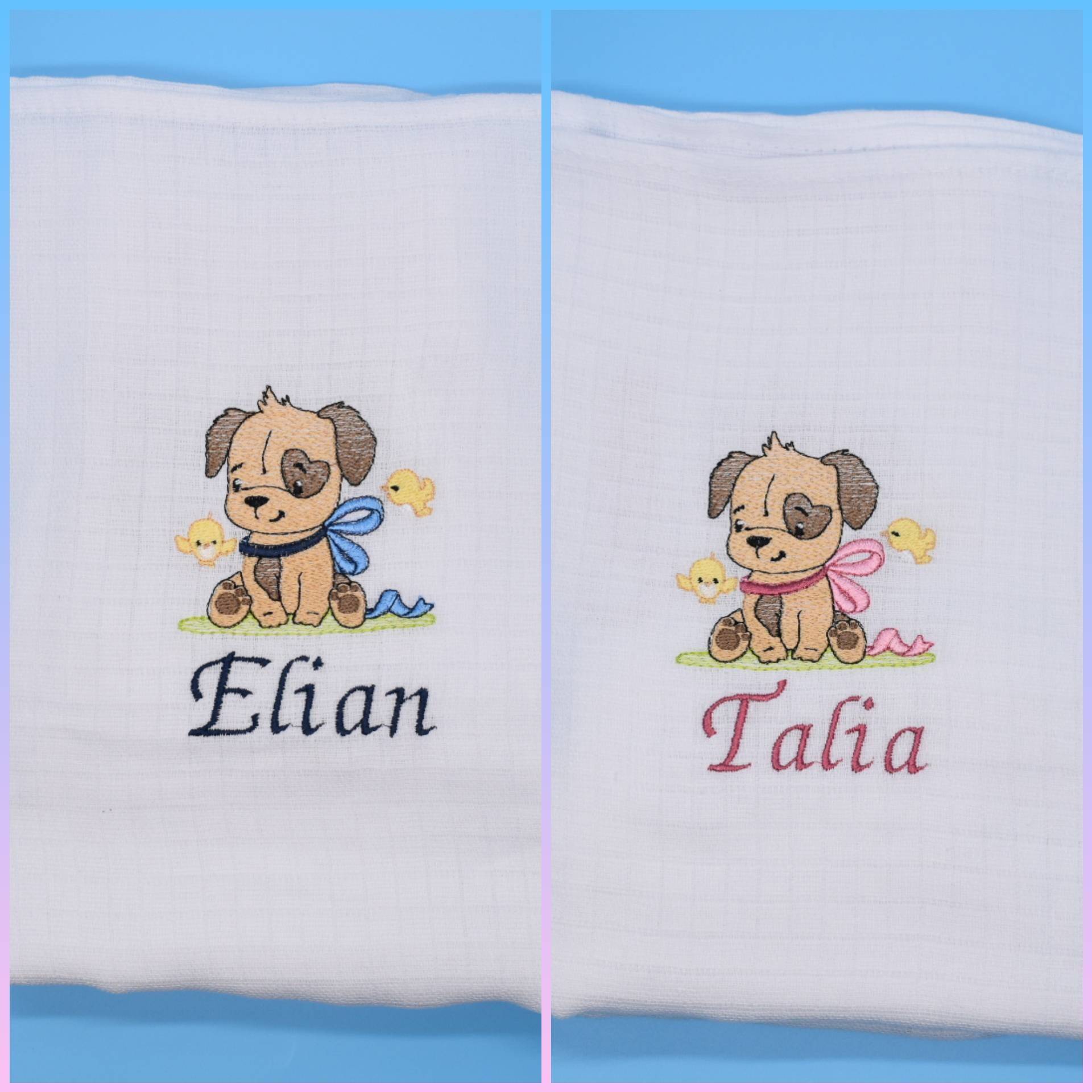 Spucktuch/Mullwindel Mit Namen Hündchen Blau Und Rosa Personalisiert & Bestickt Spucktuch/Mullwindel Mit Namen Hündchen Blau Und Rosa Personalisiert & Bestickt von CreativeCreatorDE