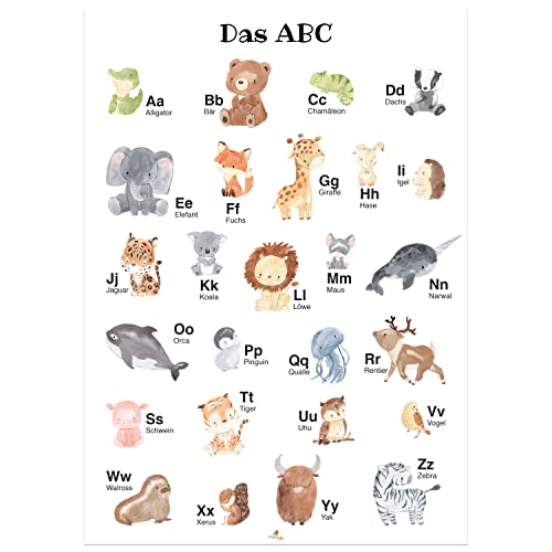 abc Poster mit niedlichen Tiermotiven fürs Kinderzimmer, Kita & Kindergarten | DIN A3 von CreativeRobin