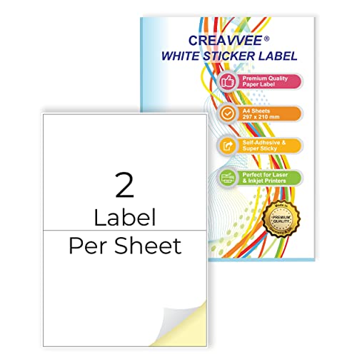 Creavvee 2 Etiketten pro Blatt, 25 A4 Blätter, bedruckbare weiße Aufkleber Papieretiketten für Laser-/Tintenstrahldrucker Made in Europe - Aufklebergröße (A5) 210 x 148 mm von Creavvee