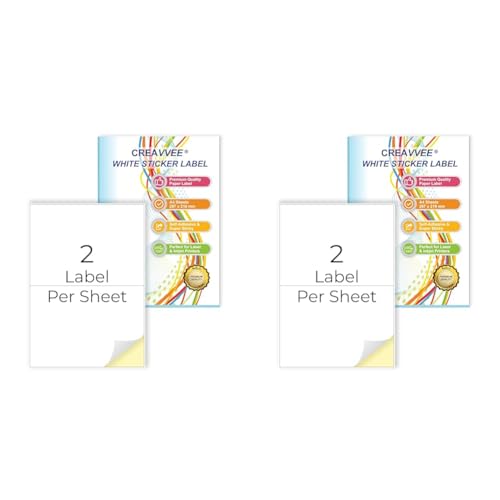 Creavvee 2 Etiketten pro Blatt, 25 A4 Blätter, bedruckbare weiße Aufkleber Papieretiketten für Laser-/Tintenstrahldrucker Made in Europe - Aufklebergröße (A5) 210 x 148 mm (Packung mit 2) von Creavvee