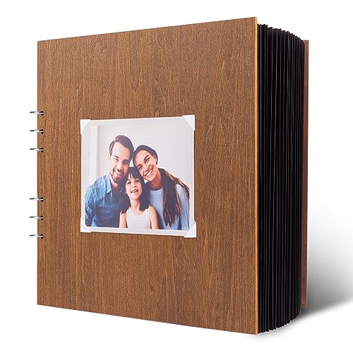 Creawoo Holz Fotoalbum DIY Fotobuch zum Einkleben Groß Spiralbuch 30x30 cm, Scrapbook Gästebuch mit 80 schwarzen Seiten, Perfekt für Hochzeit, Baby, Reise, Jahrestag, Geburtstagsgeschenk von Creawoo