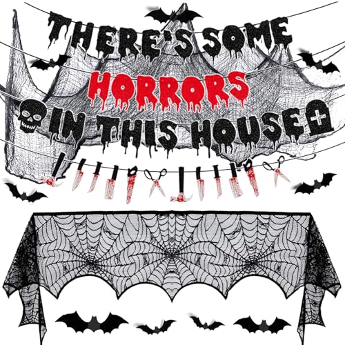 Crencis Halloween-Party-Dekorationen - There 's Some Horrors In This House Banner, Banner, Banner, 3D Fledermaus Aufkleber, Kaminsims, Schal, gruseliges Tuch für Halloween-Dekoration von Crenics