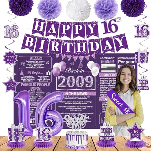 Crenics Purple Sweet 16 Party Dekorationen für Mädchen - Back in 2009 Geburtstag Kulisse Banner Wirbel Honeycomb Schärpe Kuchen Topper und Luftballons für 16 Geburtstag Party Supplies Crenics Purple Sweet 16 Party Dekorationen für Mädchen - Back in 2009 Geburtstag Kulisse Banner Wirbel Honeycomb Schärpe Kuchen Topper und Luftballons für 16 Geburtstag Party Supplies von Crenics