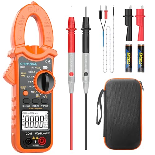Crenova Klemme Meter, TRMS Digitales Stromzange, 6000 Counts Strommesszange, Strommessgerät für AC/DC Strom/Spannung Widerstand Kapazität Frequenz Temperatur Durchgang Diode NCV Live Draht Tester von Crenova