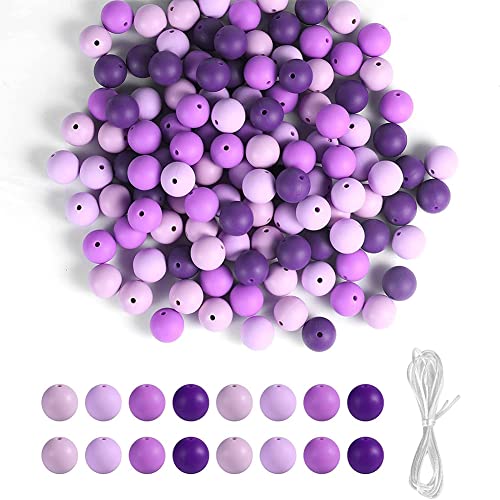 Creperture 120 Stück Silikonperlen für die Herstellung von Armbändern, 15 mm Silikonperlen Bunte Runde Bastelarbeiten Lose Perlen mit Seil für Halsketten, Schmuckbänder, Schlüsselanhänger, Violett von Creperture