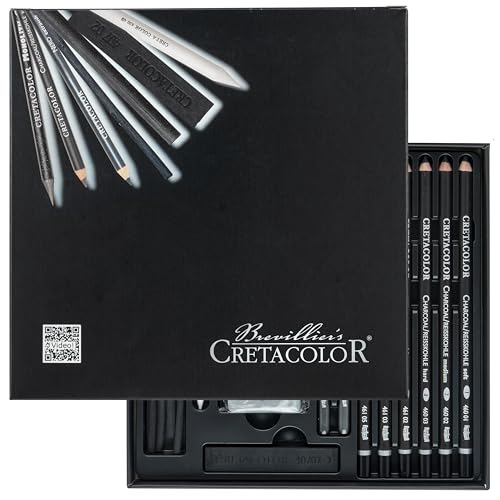 CRETACOLOR 400 61 Black Box, Reißkohle Set mit Nero-Stifte & Monolith Graphitstifte, inkl. Radiergummi und Papierwischer, für Malen, Skizzieren und Schattieren von Cretacolor