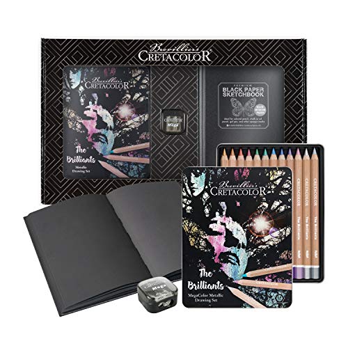 CRETACOLOR "The Brilliants" Metallic Zeichenset mit Premium-Zeichenbuch und Spitzer in schöner Verpackung, Bunt, 12 Metallic Buntstifte, weicher und satter Farbauftrag, hochwertiges Black Sketchbook von Cretacolor