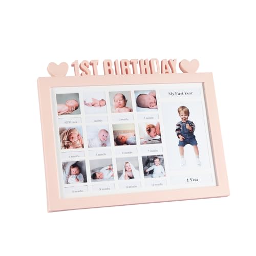 Cretosou Baby Bilderrahmen Mein Erstes Jahr, Rosa Babybilderrahmen Fasst Mehrere Fotos Bilderrahmen Baby 1-12 Monate My First Year, Geschenke für Neue Mütter und Väter von Cretosou