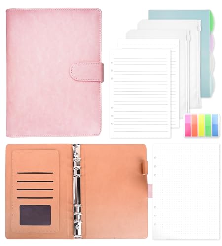 Ringbuch A5 Nachfüllbar, Leder Notizbuch Binder Mit 135 Blätter A5 Nachfüllpapier Und Bindertaschen Für Schulnotizen Reisetagebücher und Organizer(Rosa) von Crhoeiq