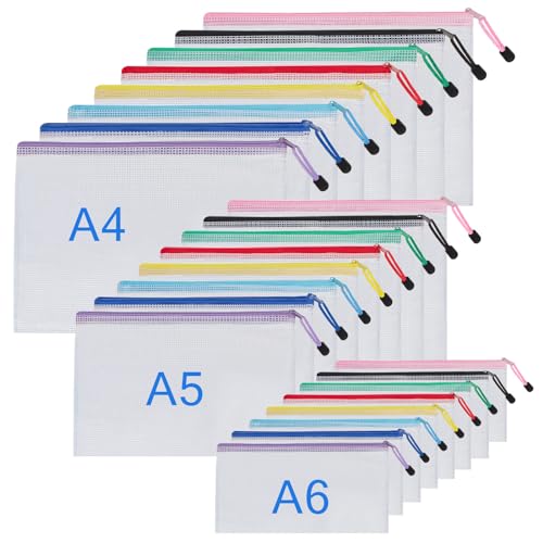 Dokumententasche A4+A5+A6, 24 Stücke Wasserdichte Dokumentenmappe, Mesh Beutel mit Reißverschluss für Dokumente, Papier, Kosmetika, Quittung und Reiseutensilien, 8 Farben von Crhoeiq