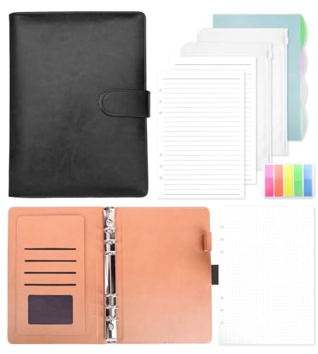 Ringbuch A5 Nachfüllbar, Leder Notizbuch Binder Mit 135 Blätter A5 Nachfüllpapier Und Bindertaschen Für Schulnotizen Reisetagebücher und Organizer(Schwarz) von Crhoeiq