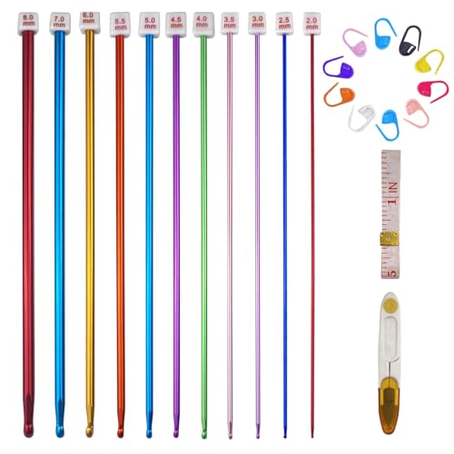 Crihovy 11 Stück Tunesische Häkelnadel Set, 2 mm-8 mm Lange Häkelnadeln, Crochet Hook für Strickarbeiten, Bunt Aluminium Häkelnadelset, Häckelnadel mit 10 Stichmarker, für Verschiedene Strickprojekte von Crihovy