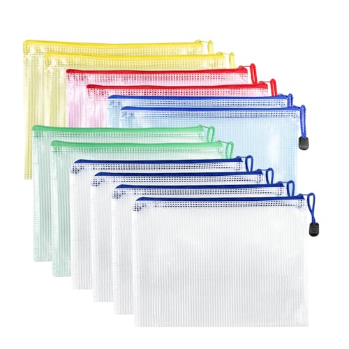 Crihovy 12 Pcs Dokumententasche mit Reißverschluss A5, Wasserdichte Document Case, Mesh Plastic Zip Bag, Reißverschlusstasche, Zipper Pockets für Datei,Papier, Quittungen, Kosmetika, 5 Farben von Crihovy