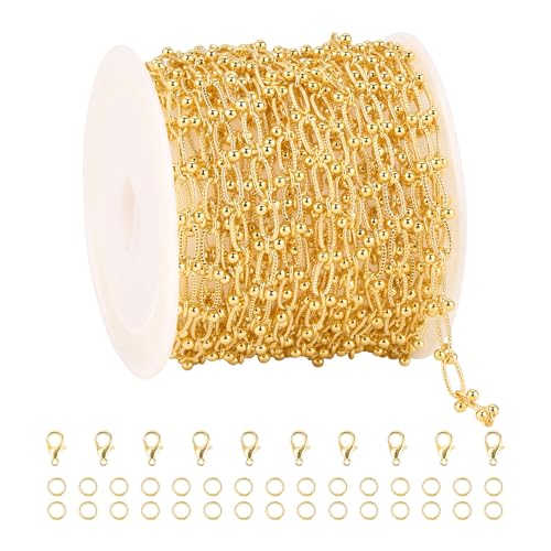 3 m lange Goldketten zur Schmuckherstellung, vergoldete Perlenkette mit Karabinerverschlüssen und Biegeringe für Damen, DIY-Halsketten, Armbänder von Crisjanggo