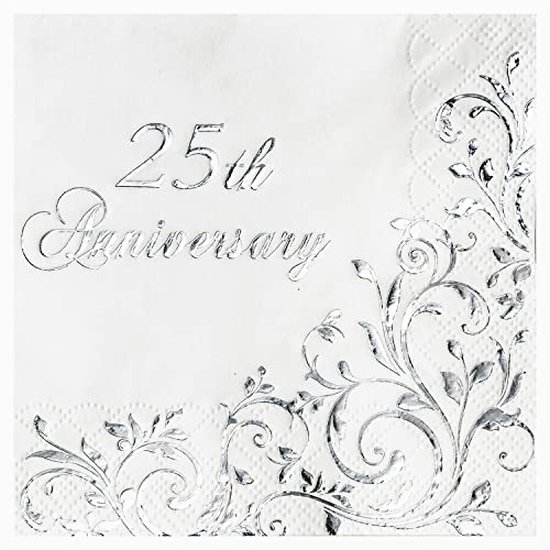 Crisky Cocktail-Servietten zum 25. Jahrestag, Silberfolie, für Silberhochzeit, Partydekoration, 3-lagig, Einweg-Getränke, Dessert-Servietten, 50 Stück Crisky Cocktail-Servietten zum 25. Jahrestag, Silberfolie, für Silberhochzeit, Partydekoration, 3-lagig, Einweg-Getränke, Dessert-Servietten, 50 Stück von Crisky