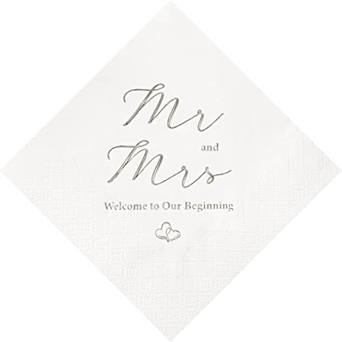 Crisky Silberfolie Mr and Mrs Hochzeit Cocktail Servietten 100 Stück für Hochzeit Party Empfang Dessert Kuchen Tischdekorationen Willkommen bei unseren Anfängern Einwegservietten 3-lagig von Crisky